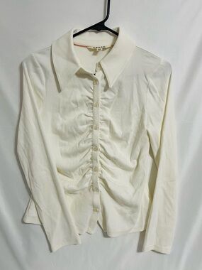 Boden Cream Ruched Button-Front Collared Top